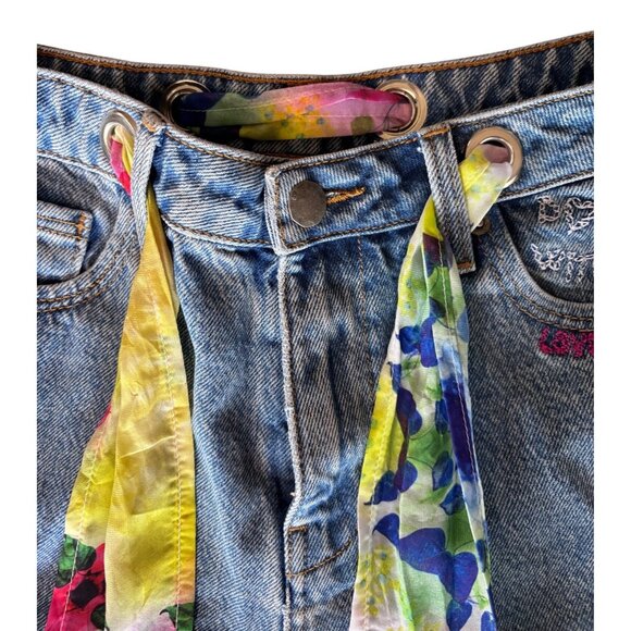 Sample One Of A Kind Embroidered Denim Shorts Grommet Scarf Belt 14” Waist New - Picture 4 of 10